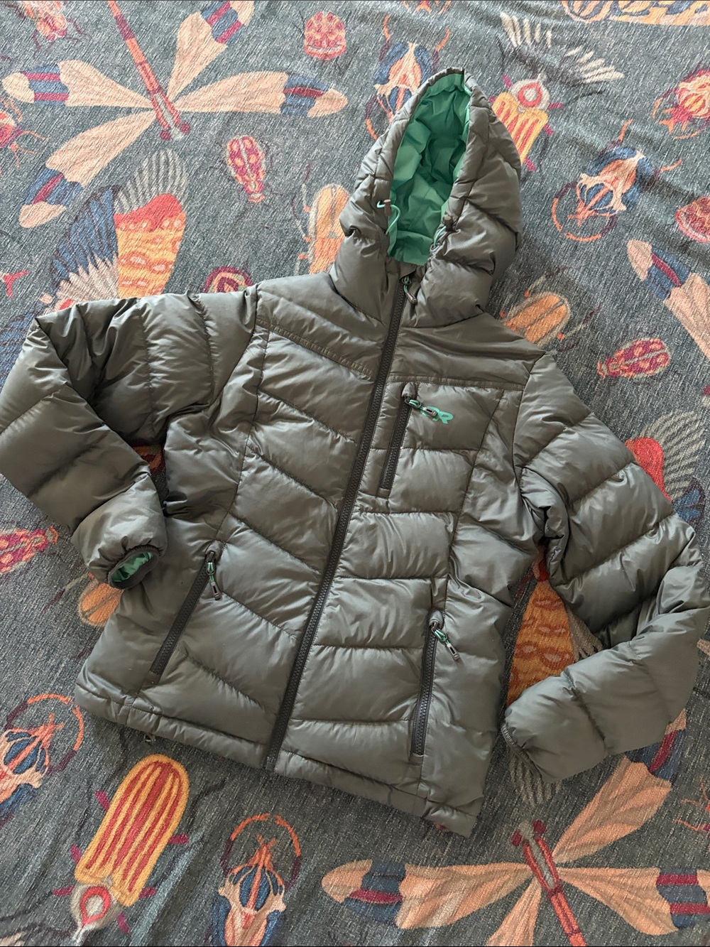 OR Transcendent Hoodie Down puffer jacket dark and mint green XS